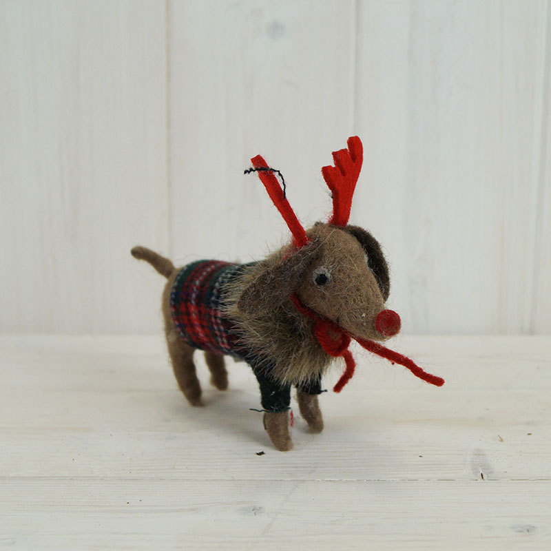 Woollen Christmas Sausage Dog with Antlers and Tartan Jumper (12cm) detail page